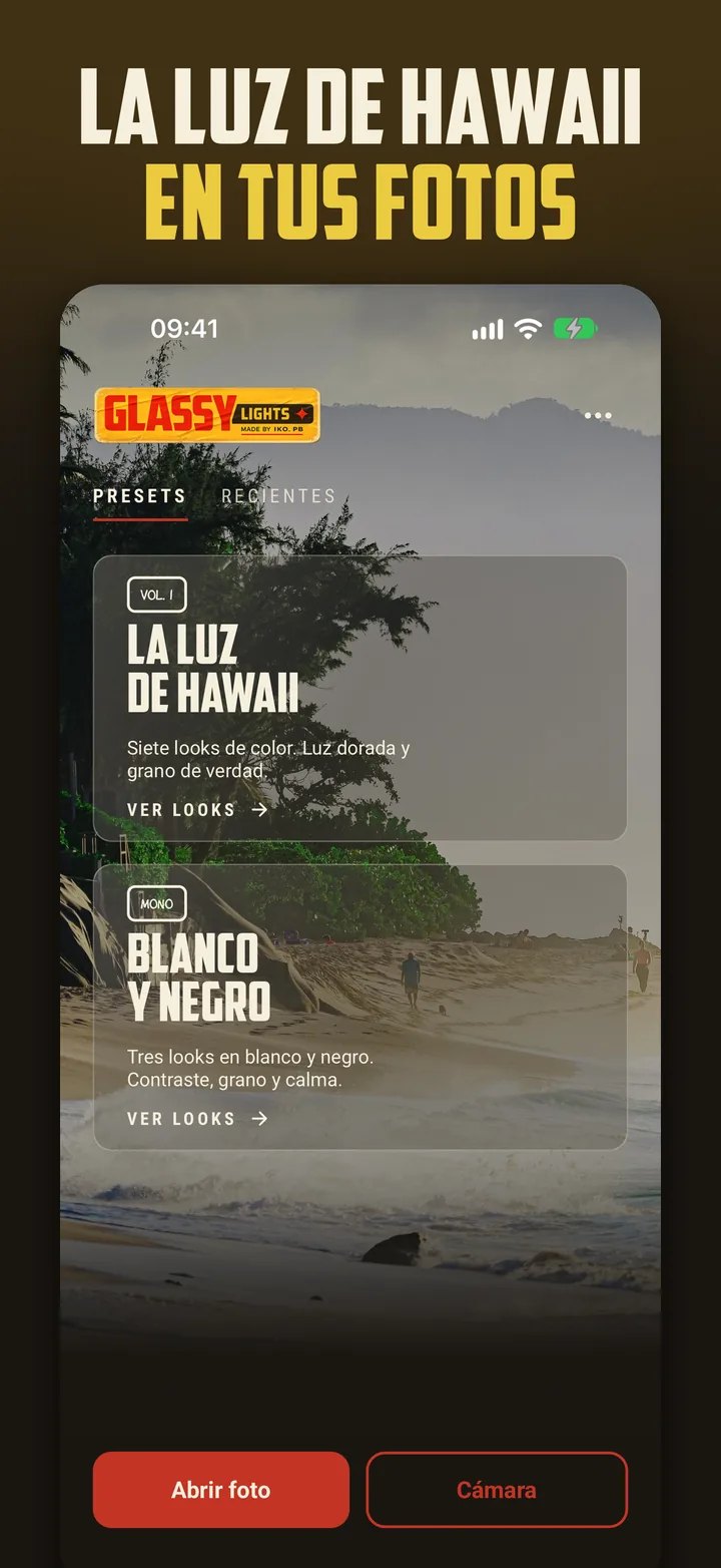 Pantalla de inicio de Glassy Lights con las series de presets