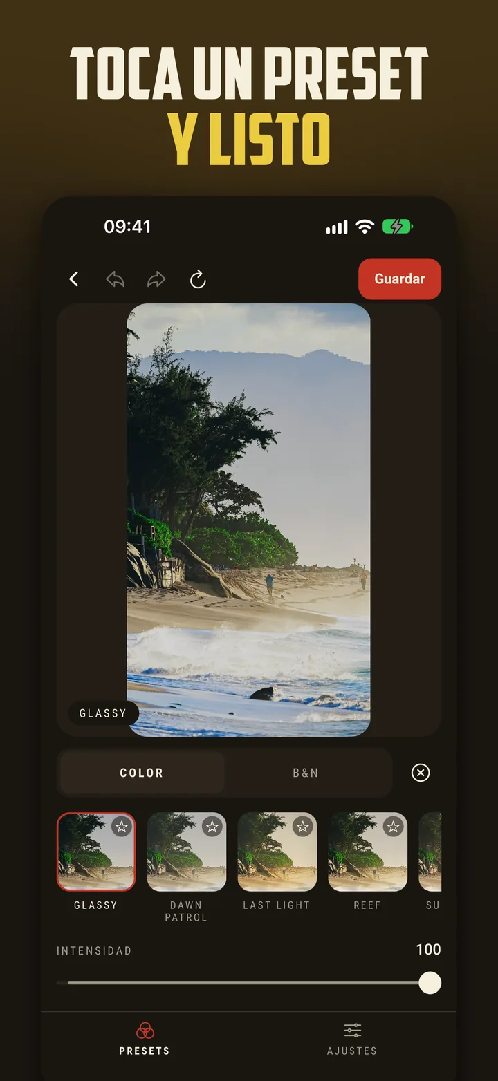 Editor de Glassy Lights con el preset Glassy aplicado